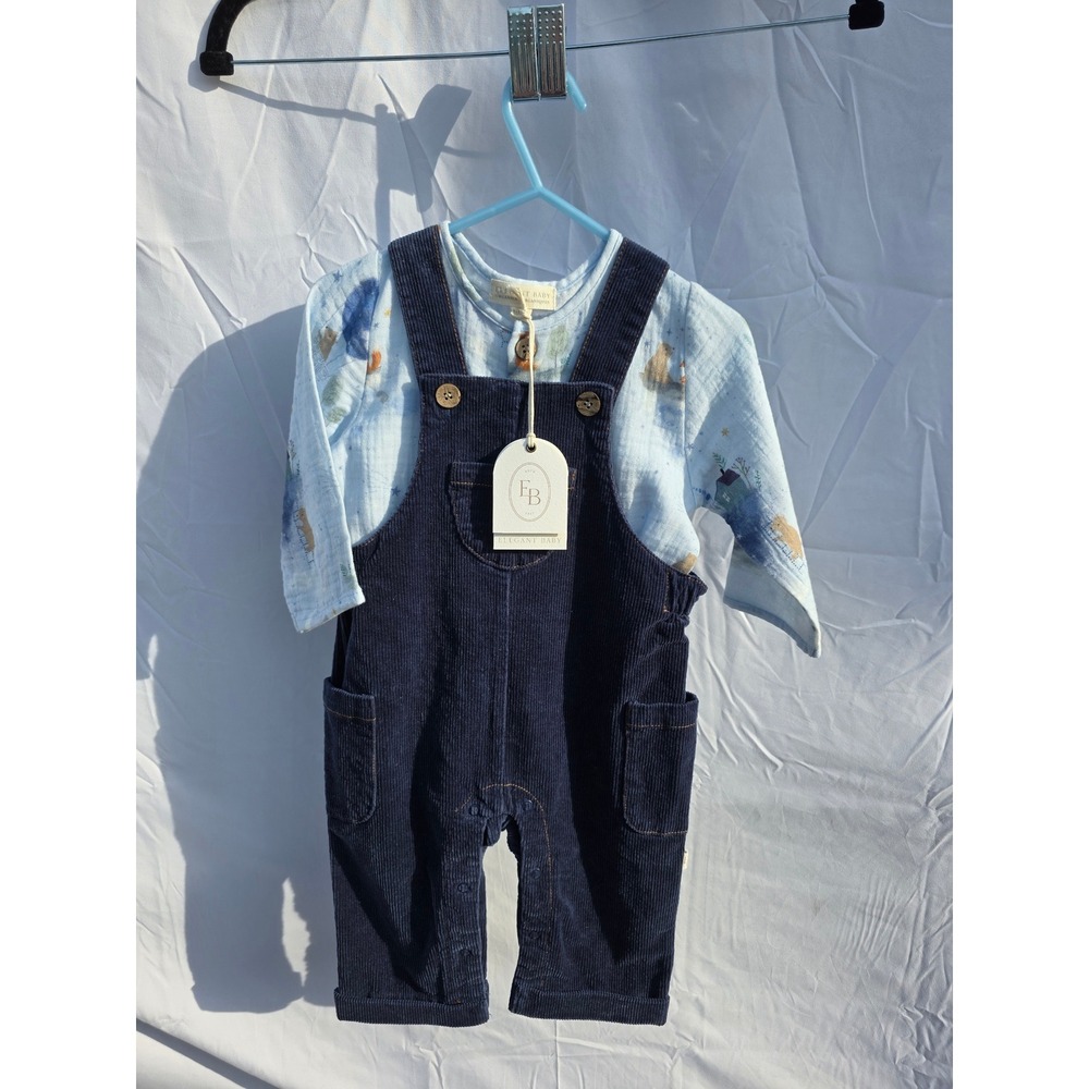 Elegant Baby Boys Woodland Shirt and Navy Corduroy Overalls Set NWT